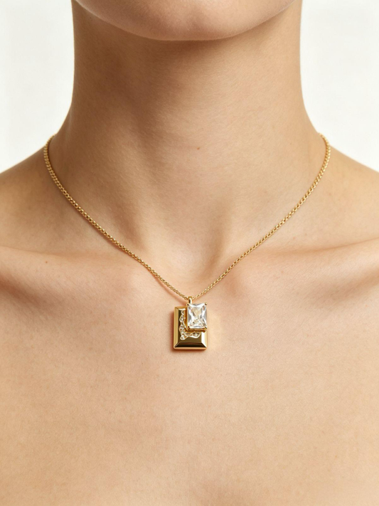 Rectangular Cubic Zirconia Pendant Silver Necklace, Minimalist Luxury Geometric Sparkling Jewelry for Women Daily Wear Gift