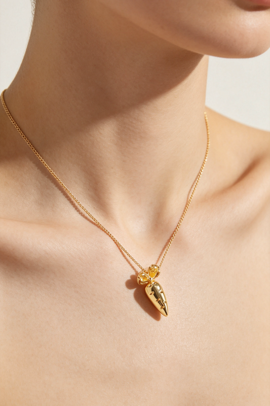 Cute 14K Gold Plated Carrot Pendant Necklace with Yellow Crystal Leaves, Anti-Tarnish Hypoallergenic Dainty Women Daily Jewelry