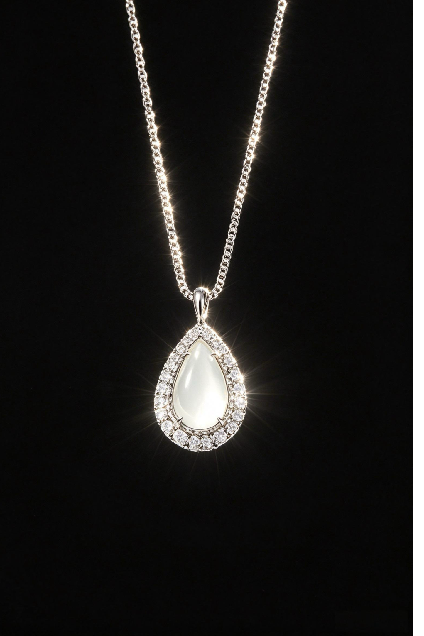 Teardrop White Moonstone Halo Diamond Pendant Necklace, Anti-tarnish Hypoallergenic Silver Chain Jewelry for Women