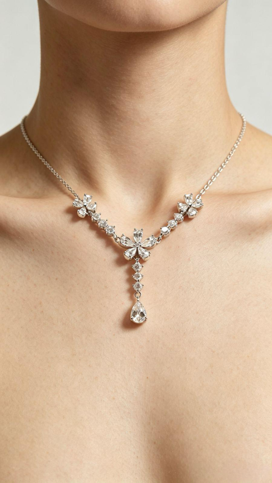 Floral Teardrop Cubic Zirconia Silver Necklace, V-Shaped Flower Pendant Necklace, Anti-Tarnish Hypoallergenic Wedding Dinner Jewelry for Women