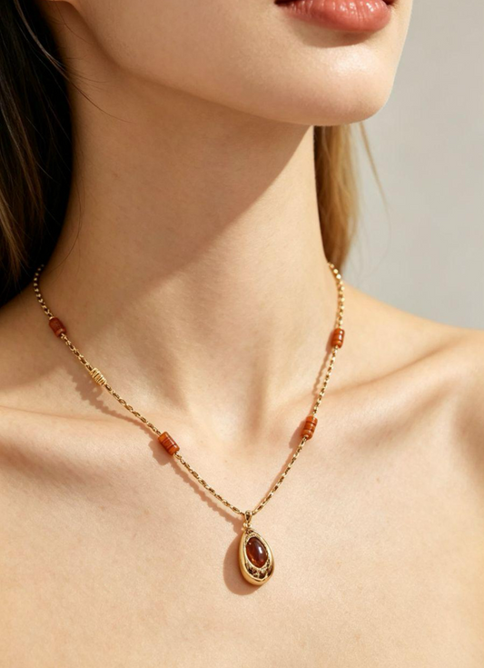 Vintage Boho Tiger Eye Teardrop Pendant Beaded Gold Chain Necklace, Retro Earth Tone Layerable Jewelry for Women Daily Outfit