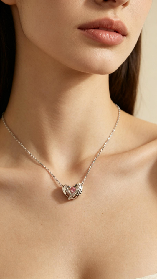 Minimalist Woven Heart Silver Necklace Inlaid Pink Zircon, Sweet Romantic Daily Neck Accessory