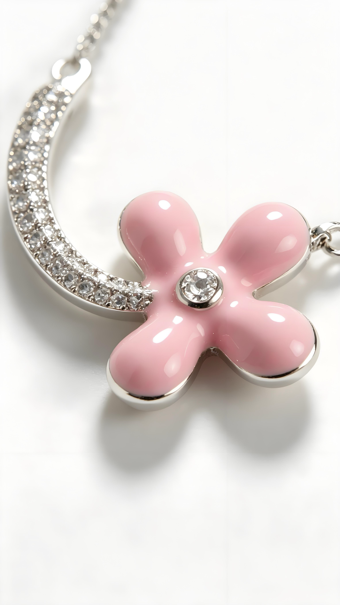 Dainty Pink Enamel Flower Silver Necklace, Curved Pave Zircon Floral Pendant Choker, Cute Sweet Jewelry Gift For Women