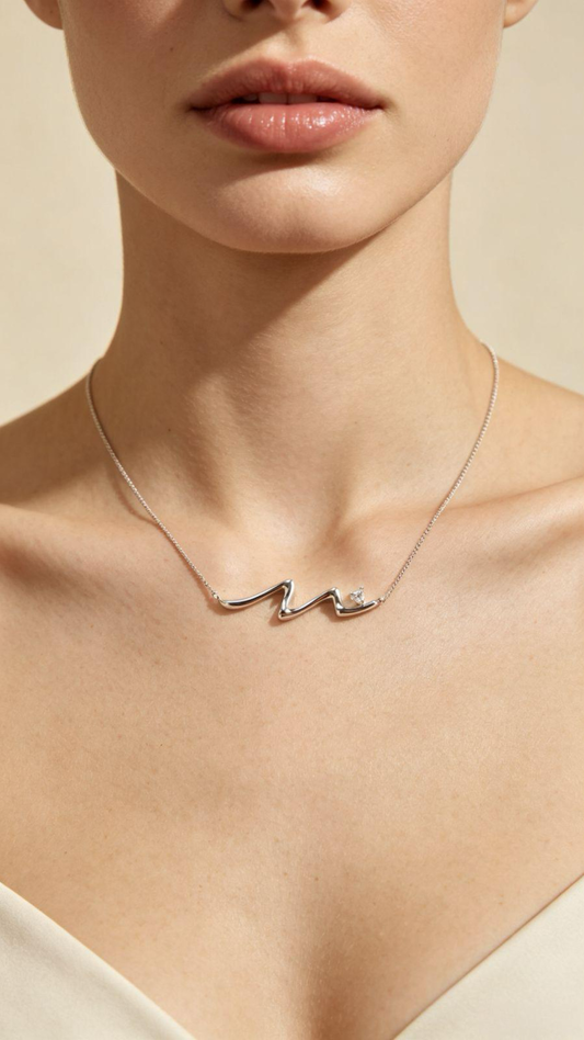 Heartbeat Wave Pendant Necklace, Minimal ECG Curve Choker With Tiny Heart Zircon, Gold & Silver Two Tone Dainty Jewelry Gift For Women