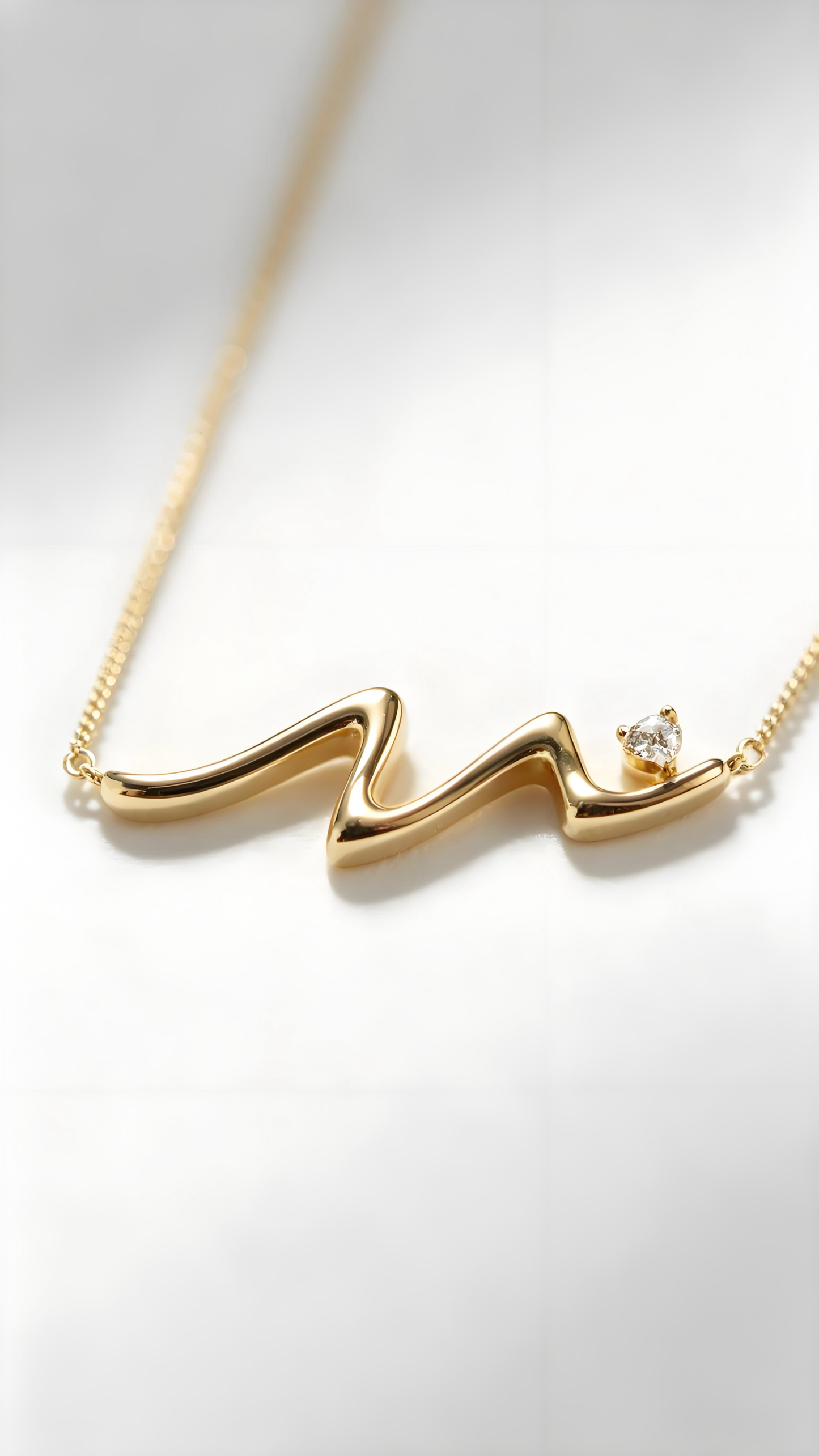 Heartbeat Wave Pendant Necklace, Minimal ECG Curve Choker With Tiny Heart Zircon, Gold & Silver Two Tone Dainty Jewelry Gift For Women