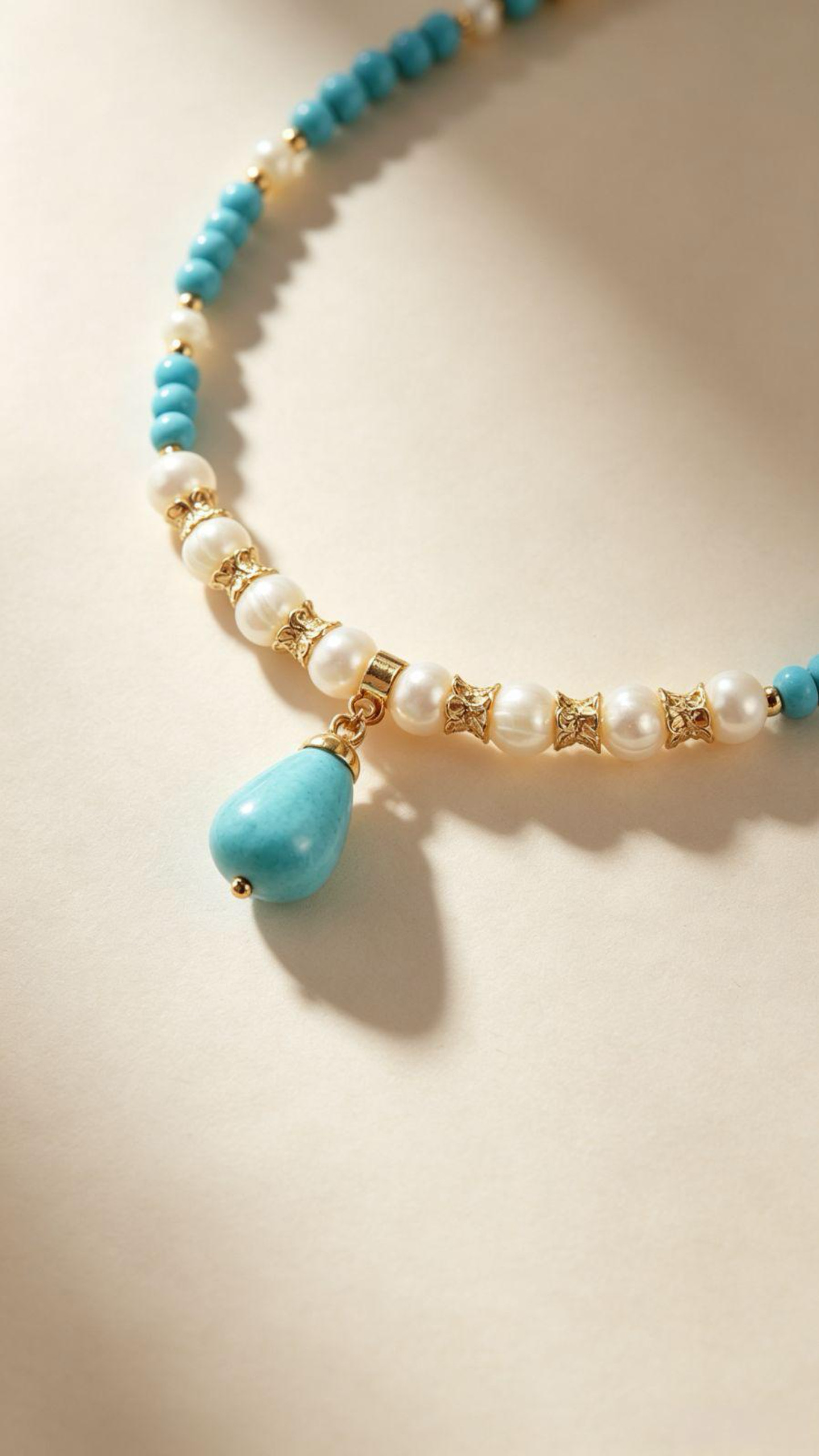 Boho Turquoise Teardrop Pendant Necklace, Freshwater Pearl Beaded Choker, Gold Vintage Spacer Beads Summer Vacation Beach Jewelry Gift For Women