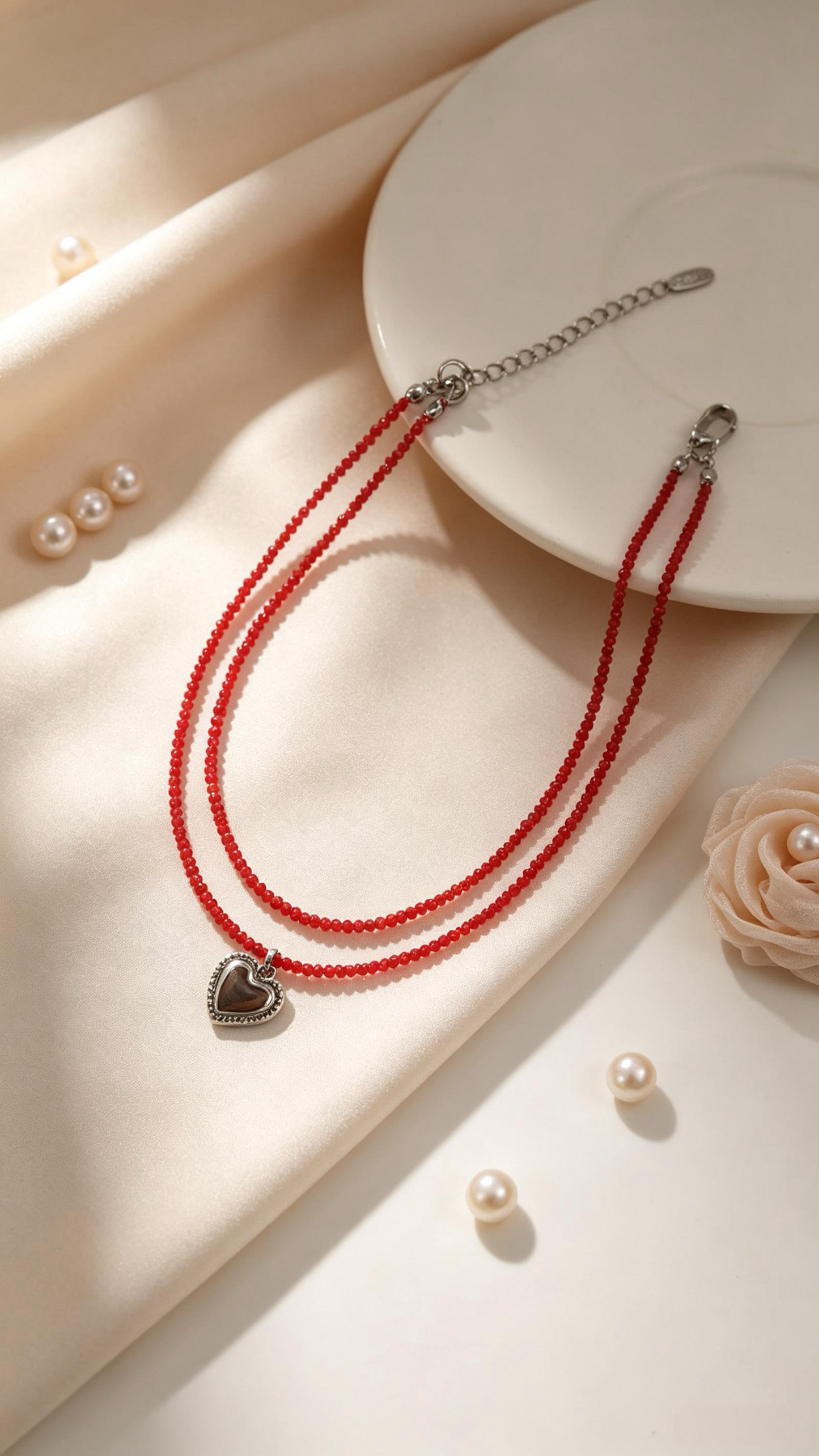 Double Layer Red Bead Heart Pendant Necklace, Vintage Layered Choker Jewelry For Women