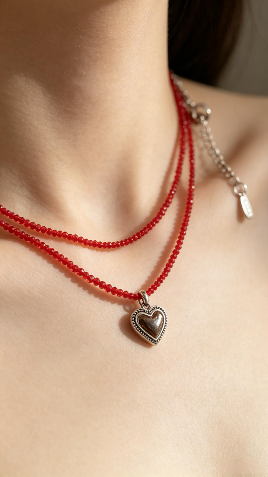 Double Layer Red Bead Heart Pendant Necklace, Vintage Layered Choker Jewelry For Women