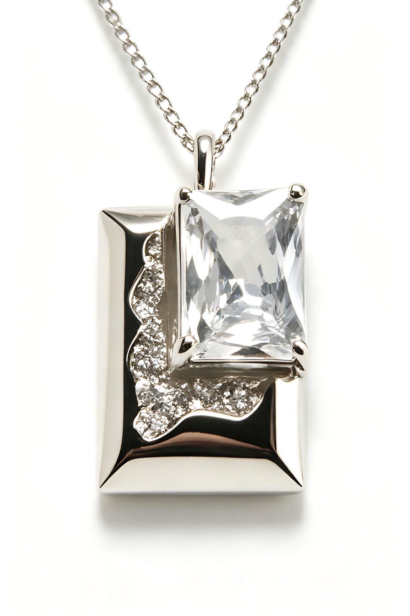 Rectangular Cubic Zirconia Pendant Silver Necklace, Minimalist Luxury Geometric Sparkling Jewelry for Women Daily Wear Gift