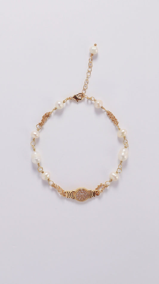 Freshwater Pearl and Zircon Round Tag Bracelet