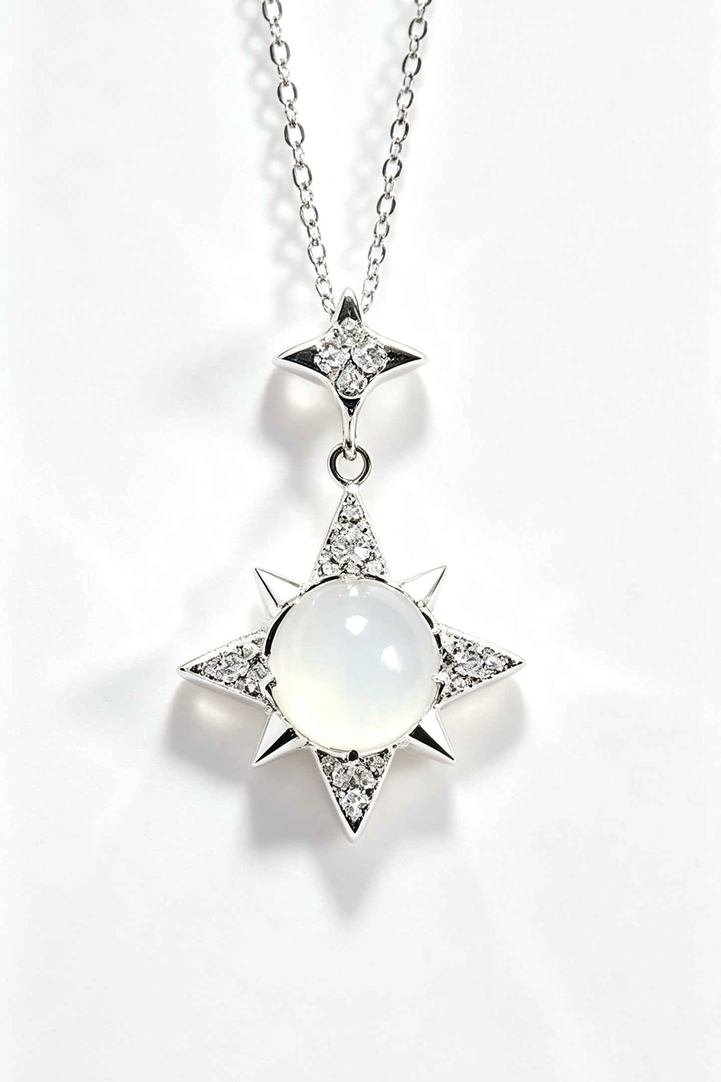 Eight Point Star Moonstone Silver Pendant Necklace, Hypoallergenic Anti-Tarnish Dainty Thin Chain Celestial Zircon Jewelry for Women Daily Wear Gift