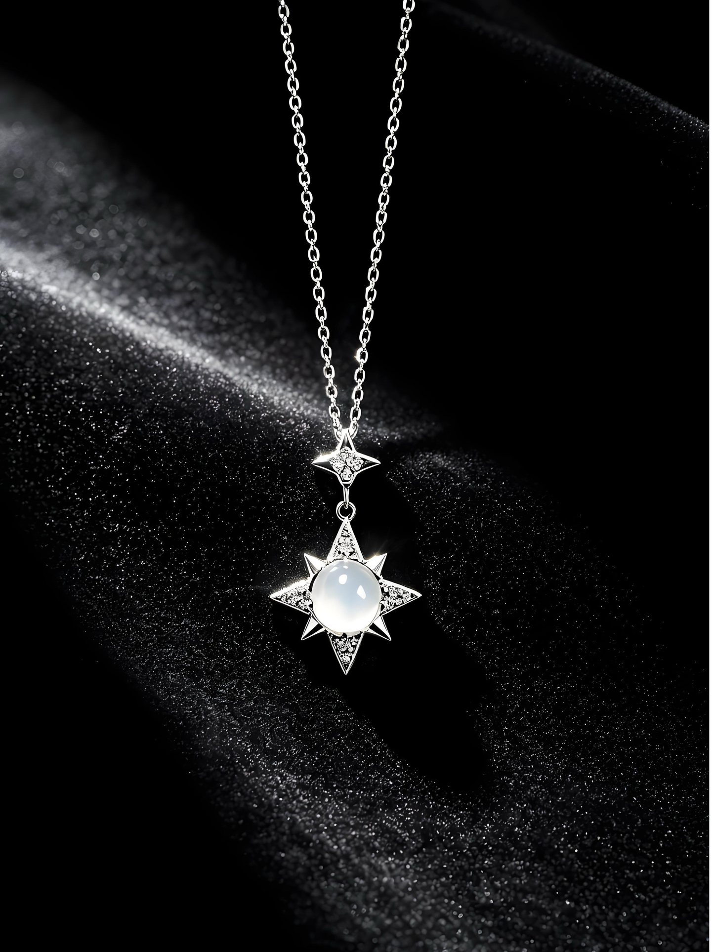 Eight Point Star Moonstone Silver Pendant Necklace, Hypoallergenic Anti-Tarnish Dainty Thin Chain Celestial Zircon Jewelry for Women Daily Wear Gift