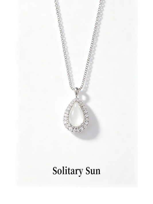 Teardrop White Moonstone Halo Diamond Pendant Necklace, Anti-tarnish Hypoallergenic Silver Chain Jewelry for Women