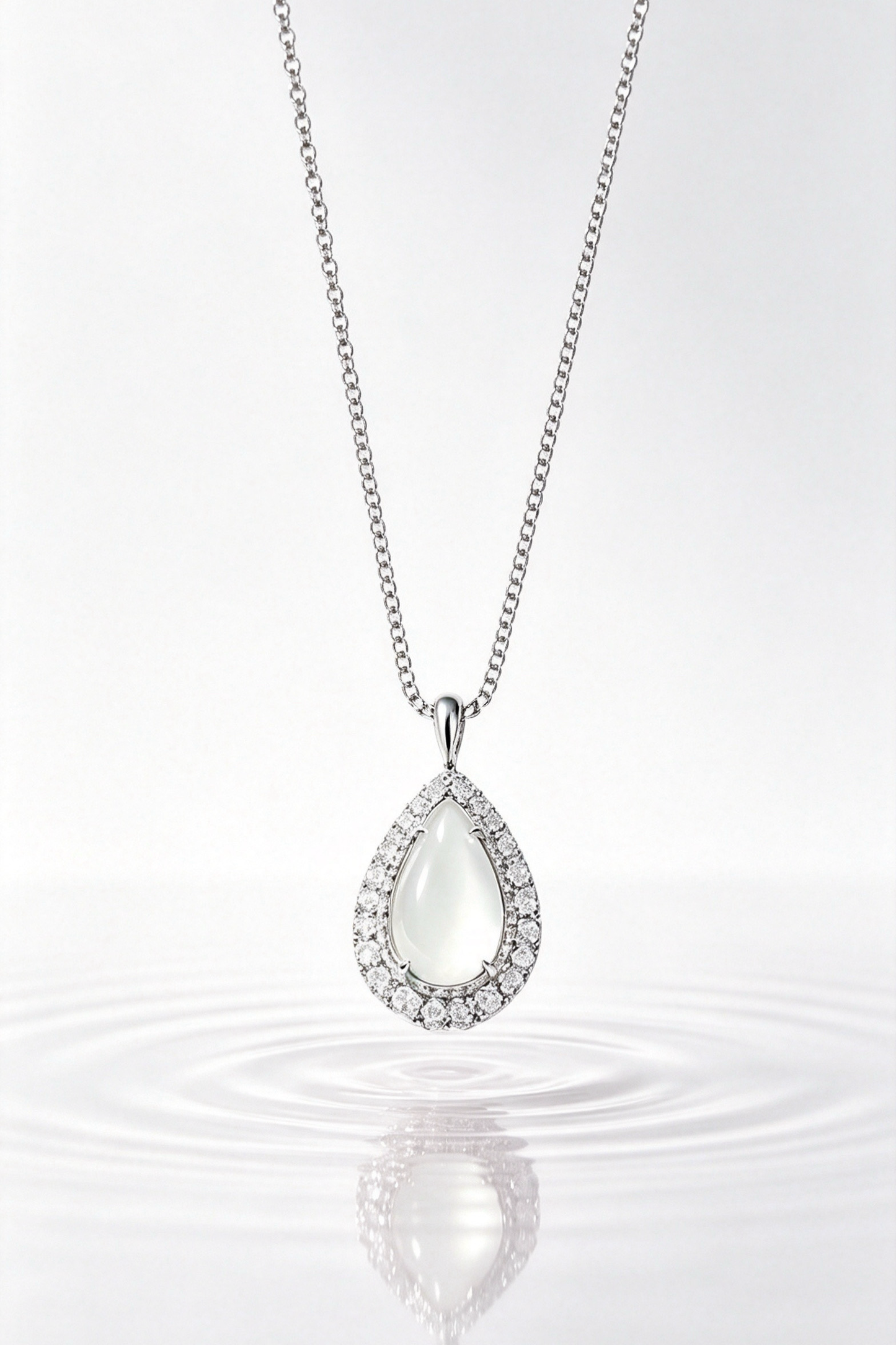 Teardrop White Moonstone Halo Diamond Pendant Necklace, Anti-tarnish Hypoallergenic Silver Chain Jewelry for Women