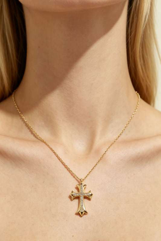 Vintage Gold Gothic Cross Pendant Necklace, Paved CZ Diamond Anti-Tarnish Hypoallergenic Chain Jewelry for Women