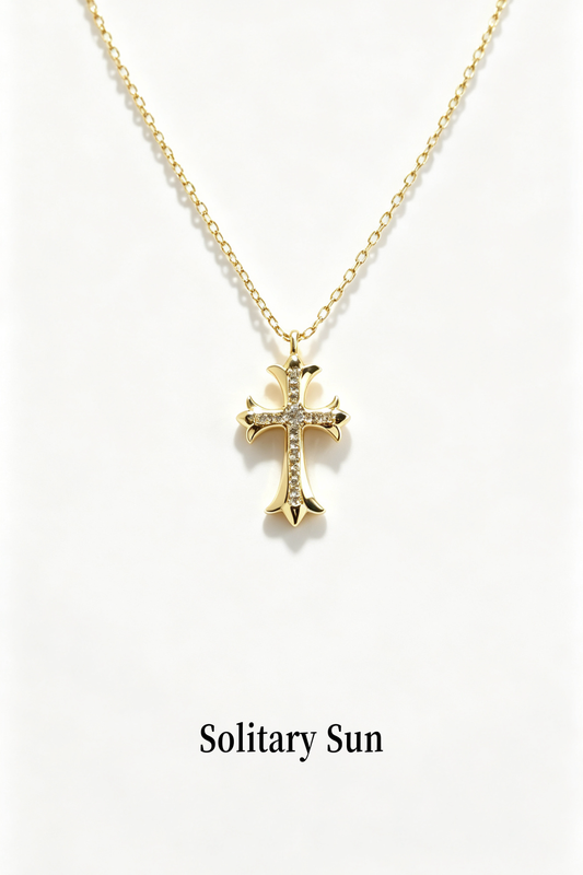 Vintage Gold Gothic Cross Pendant Necklace, Paved CZ Diamond Anti-Tarnish Hypoallergenic Chain Jewelry for Women