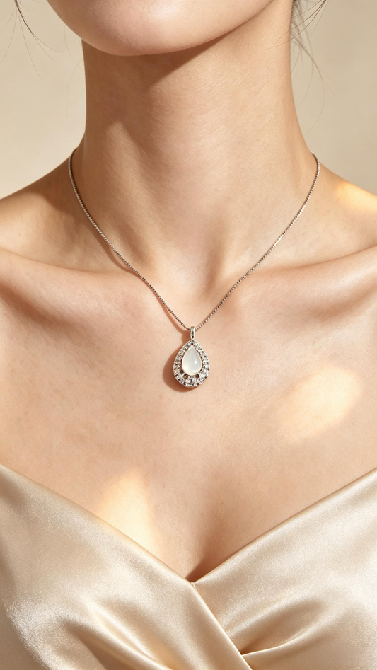 Teardrop White Moonstone Halo Diamond Pendant Necklace, Anti-tarnish Hypoallergenic Silver Chain Jewelry for Women