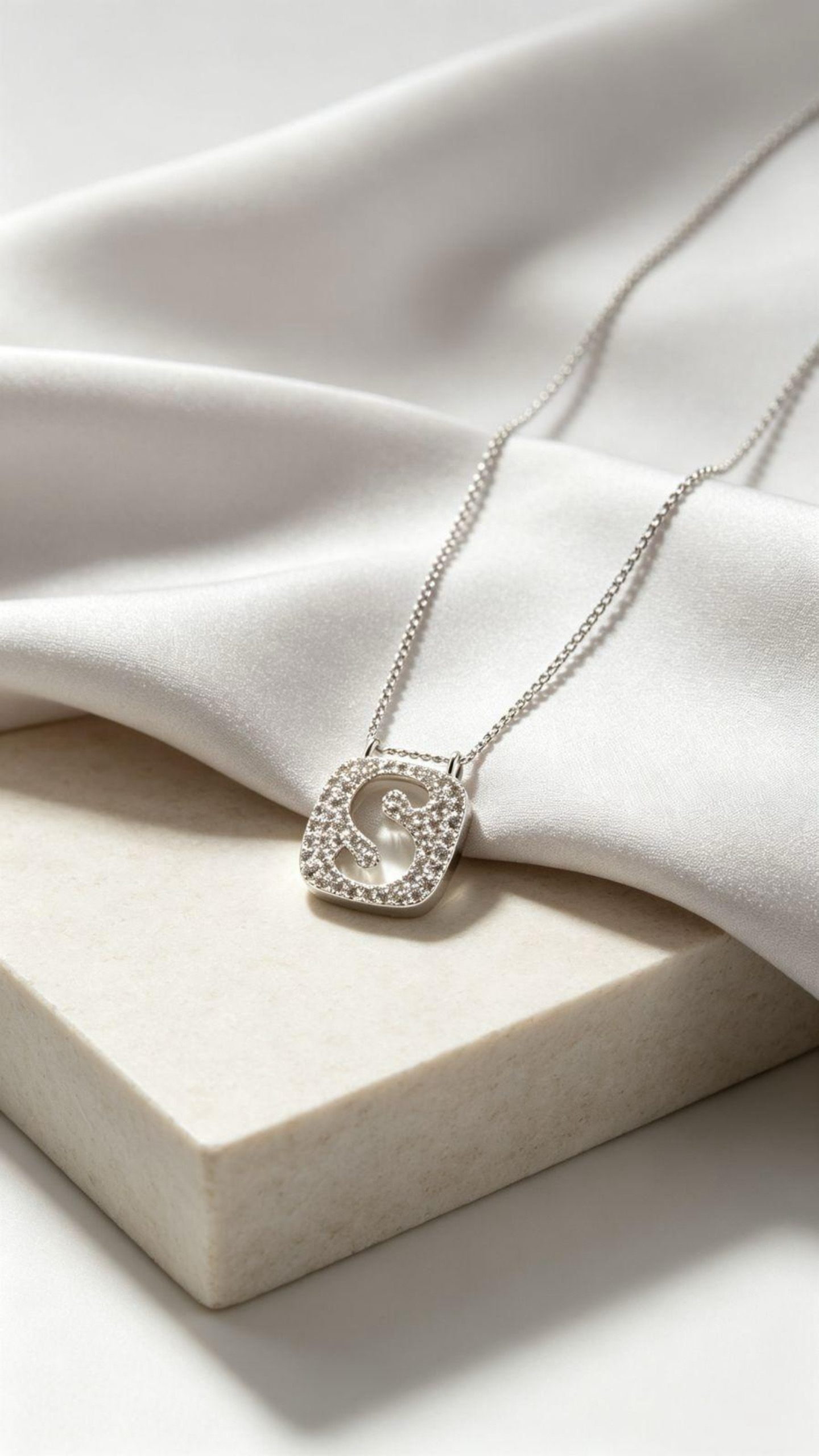 Dainty Square Letter S Pendant Necklace, Full Paved Cubic Zirconia Silver Plated Necklace, Anti-Tarnish Hypoallergenic Minimalist Women Daily Jewelry