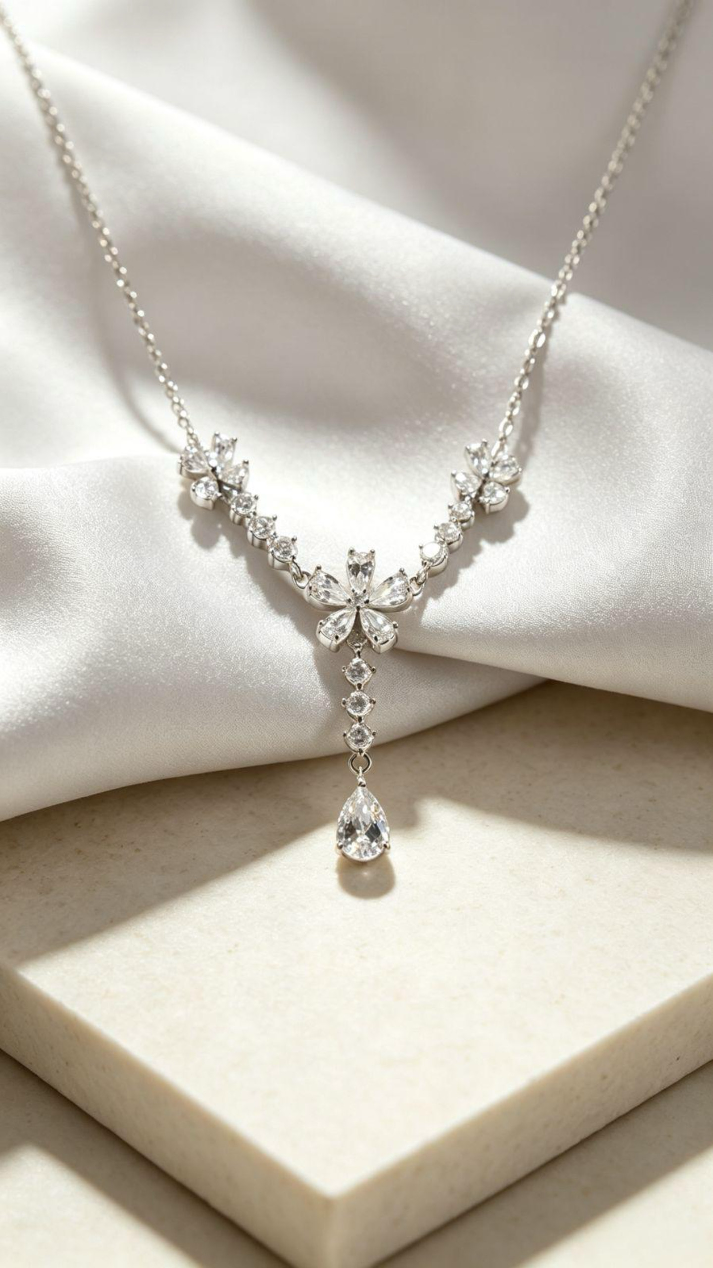 Floral Teardrop Cubic Zirconia Silver Necklace, V-Shaped Flower Pendant Necklace, Anti-Tarnish Hypoallergenic Wedding Dinner Jewelry for Women