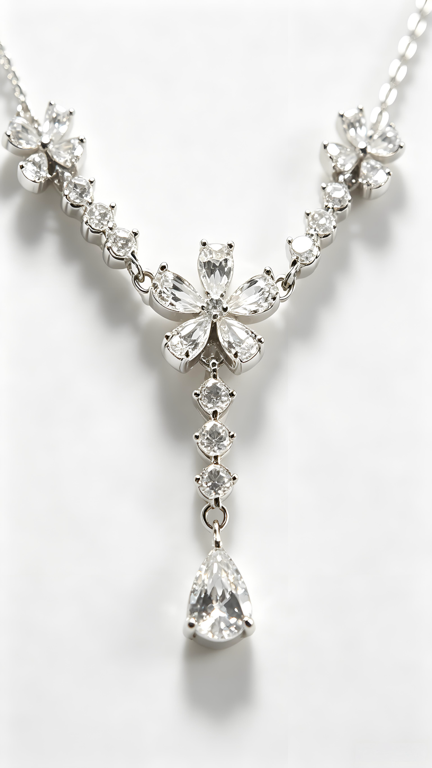 Floral Teardrop Cubic Zirconia Silver Necklace, V-Shaped Flower Pendant Necklace, Anti-Tarnish Hypoallergenic Wedding Dinner Jewelry for Women
