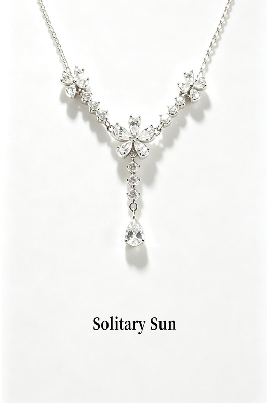 Floral Teardrop Cubic Zirconia Silver Necklace, V-Shaped Flower Pendant Necklace, Anti-Tarnish Hypoallergenic Wedding Dinner Jewelry for Women