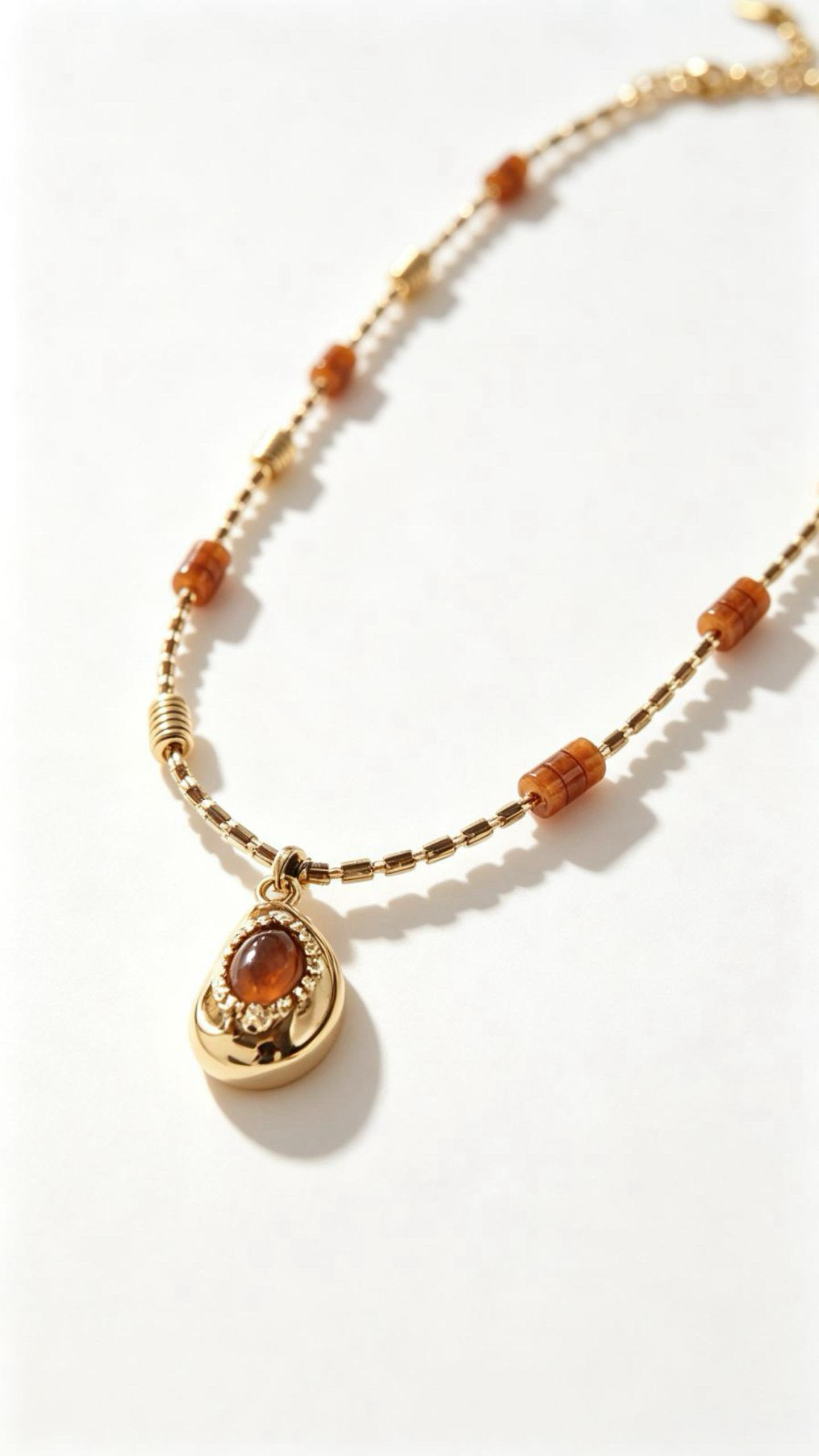 Vintage Boho Tiger Eye Teardrop Pendant Beaded Gold Chain Necklace, Retro Earth Tone Layerable Jewelry for Women Daily Outfit