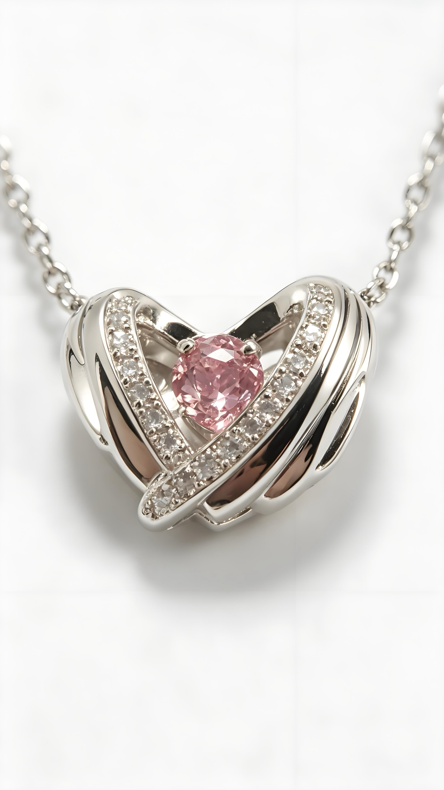 Minimalist Woven Heart Silver Necklace Inlaid Pink Zircon, Sweet Romantic Daily Neck Accessory