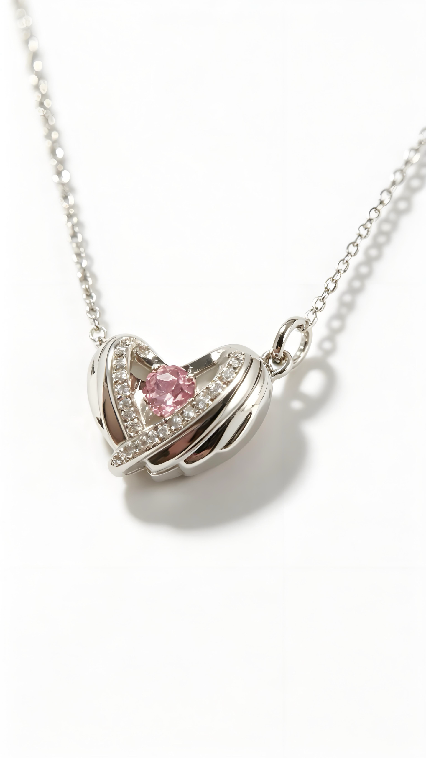 Minimalist Woven Heart Silver Necklace Inlaid Pink Zircon, Sweet Romantic Daily Neck Accessory