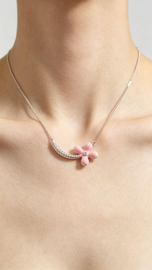 Dainty Pink Enamel Flower Silver Necklace, Curved Pave Zircon Floral Pendant Choker, Cute Sweet Jewelry Gift For Women