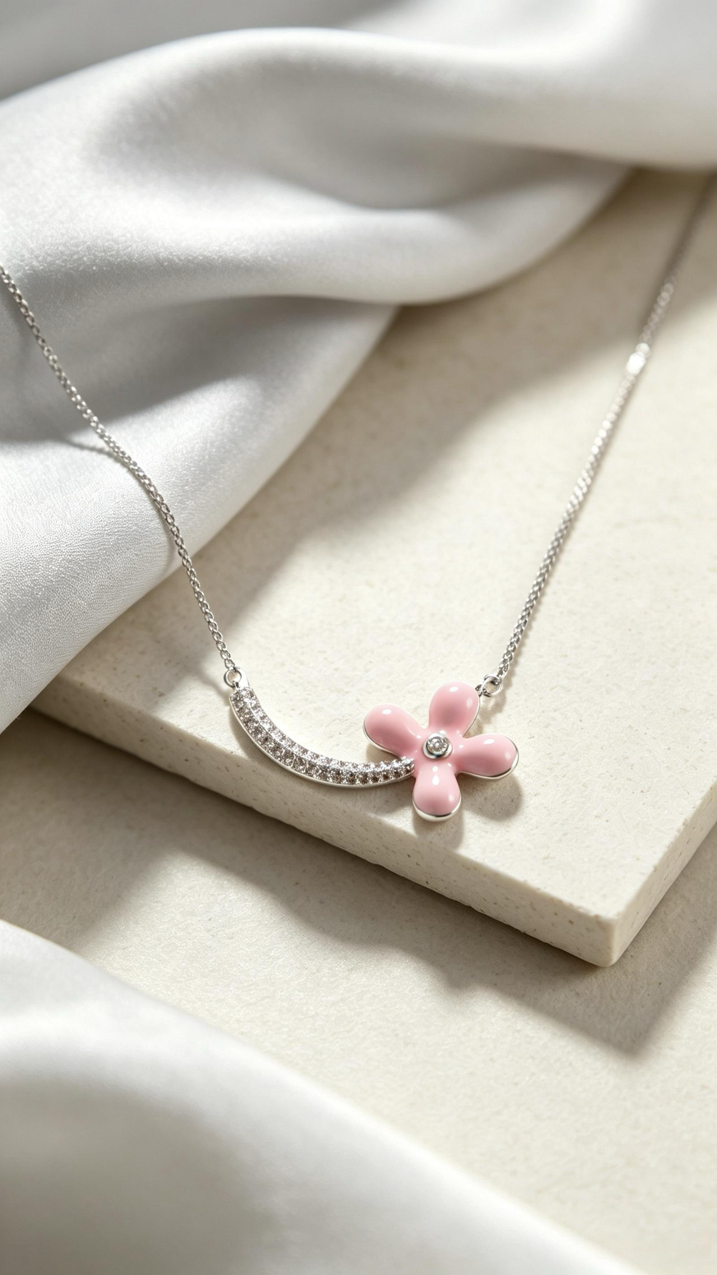 Dainty Pink Enamel Flower Silver Necklace, Curved Pave Zircon Floral Pendant Choker, Cute Sweet Jewelry Gift For Women