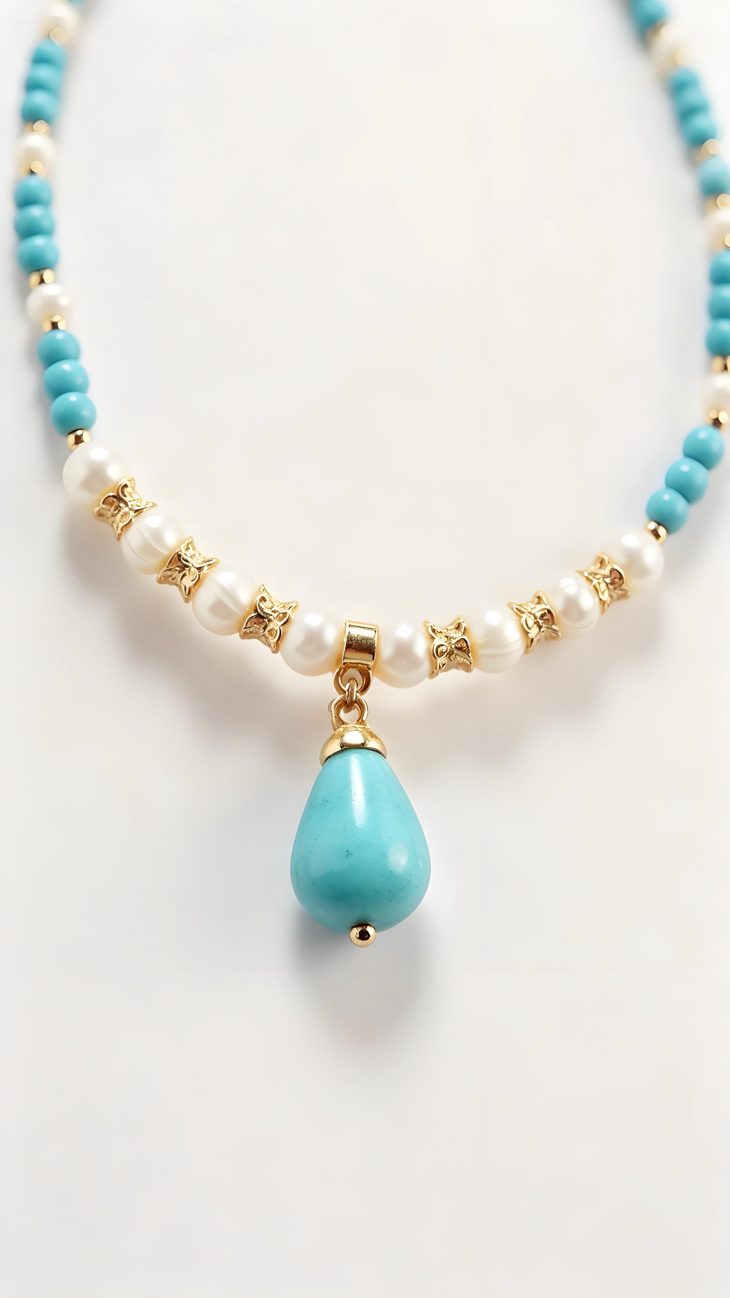 Boho Turquoise Teardrop Pendant Necklace, Freshwater Pearl Beaded Choker, Gold Vintage Spacer Beads Summer Vacation Beach Jewelry Gift For Women