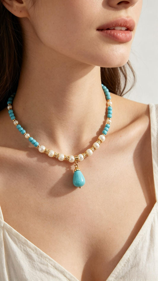 Boho Turquoise Teardrop Pendant Necklace, Freshwater Pearl Beaded Choker, Gold Vintage Spacer Beads Summer Vacation Beach Jewelry Gift For Women