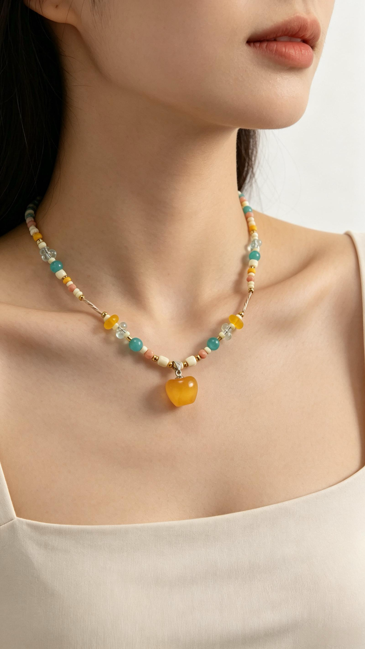 Colorful Beaded Necklace With Yellow Apple Pendant, Summer Boho Handmade Bead Choker For Women