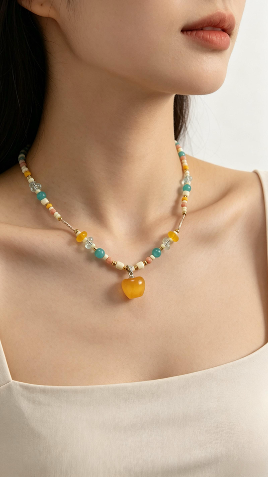 Colorful Beaded Necklace With Yellow Apple Pendant, Summer Boho Handmade Bead Choker For Women