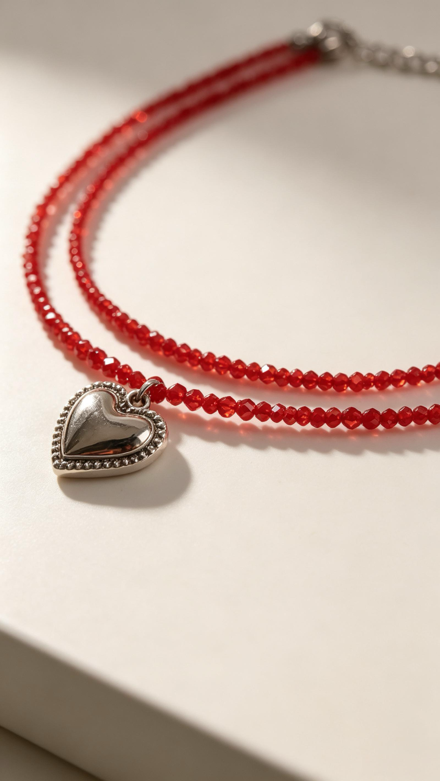 Double Layer Red Bead Heart Pendant Necklace, Vintage Layered Choker Jewelry For Women