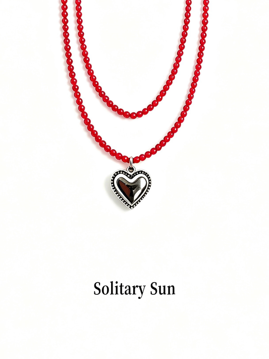 Double Layer Red Bead Heart Pendant Necklace, Vintage Layered Choker Jewelry For Women
