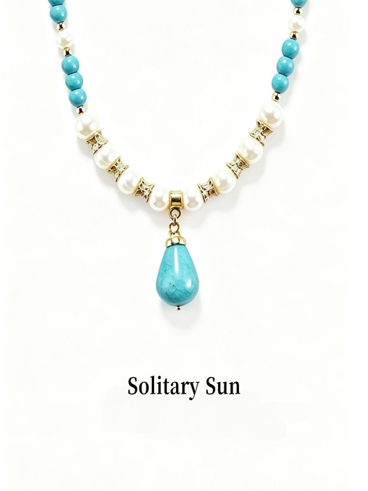Boho Turquoise Teardrop Pendant Necklace, Freshwater Pearl Beaded Choker, Gold Vintage Spacer Beads Summer Vacation Beach Jewelry Gift For Women