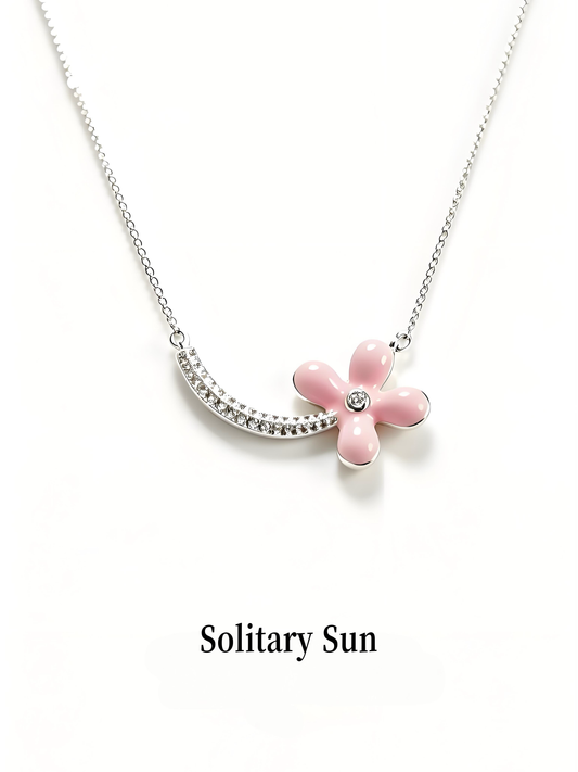 Dainty Pink Enamel Flower Silver Necklace, Curved Pave Zircon Floral Pendant Choker, Cute Sweet Jewelry Gift For Women